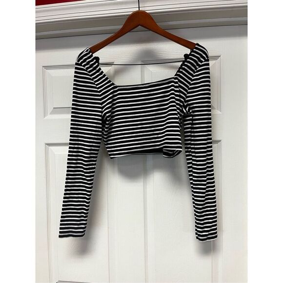 ASOS Black & White Ribbed Cropped Square Neck Long Sleeve Top sz 12 EUC - Picture 5 of 7